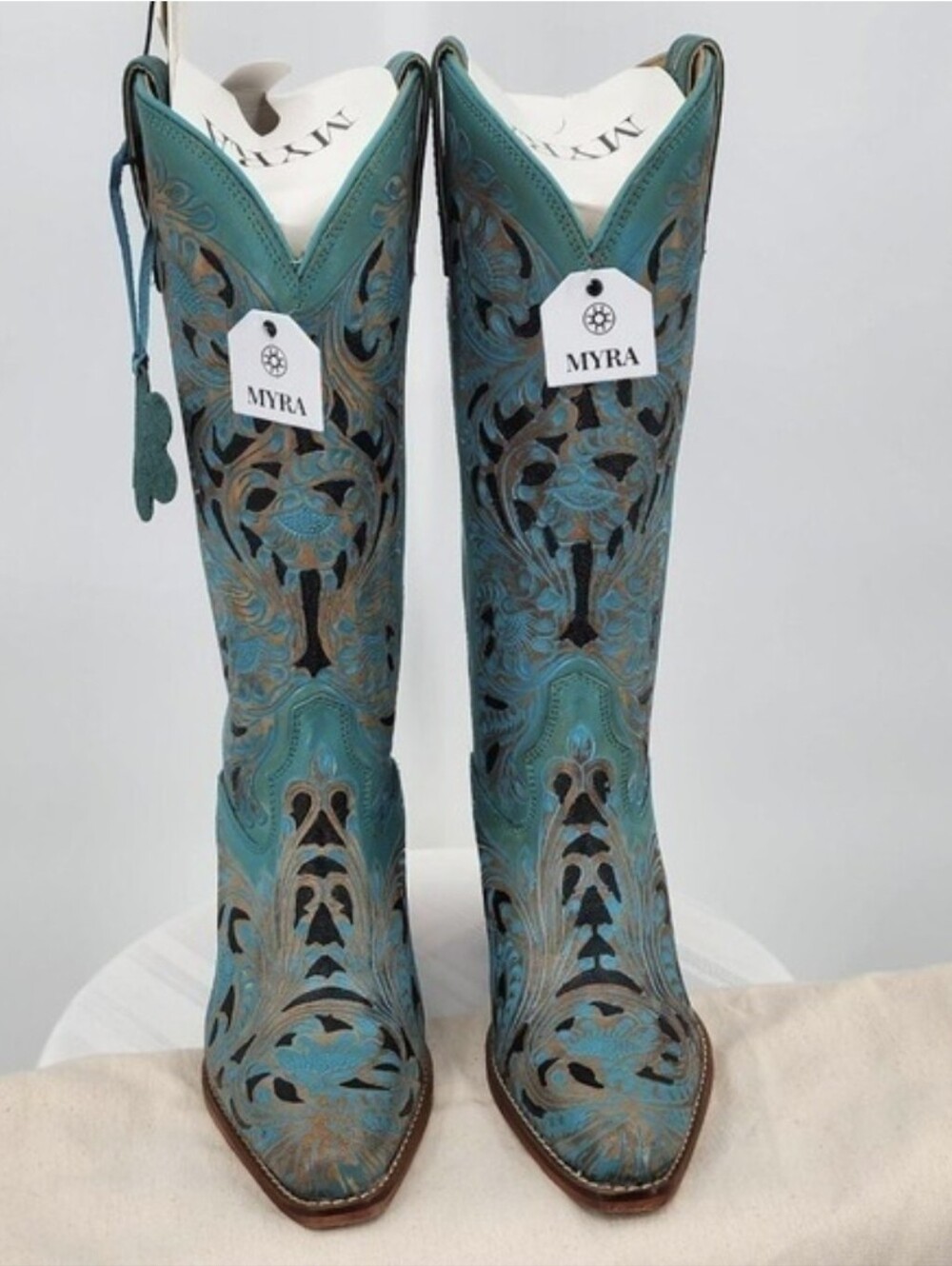 Myra Bag Kasiopeah Turquoise Hand Tooled Leather Western Cowboy Boots Size 9 NWT - Picture 2 of 7